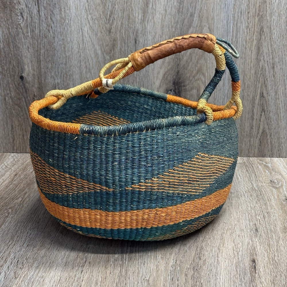 Woven African Bolga Ghana Market Basket Large Leather Handle - Picture 3 of 16